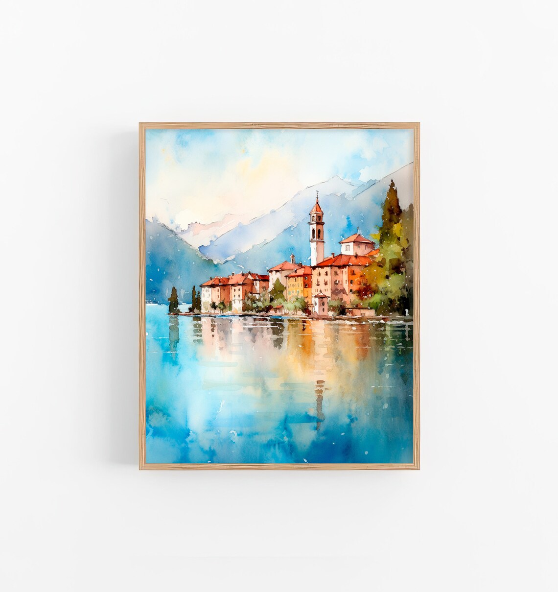 Lake Como Watercolor Travel Poster, Italy Cityscape