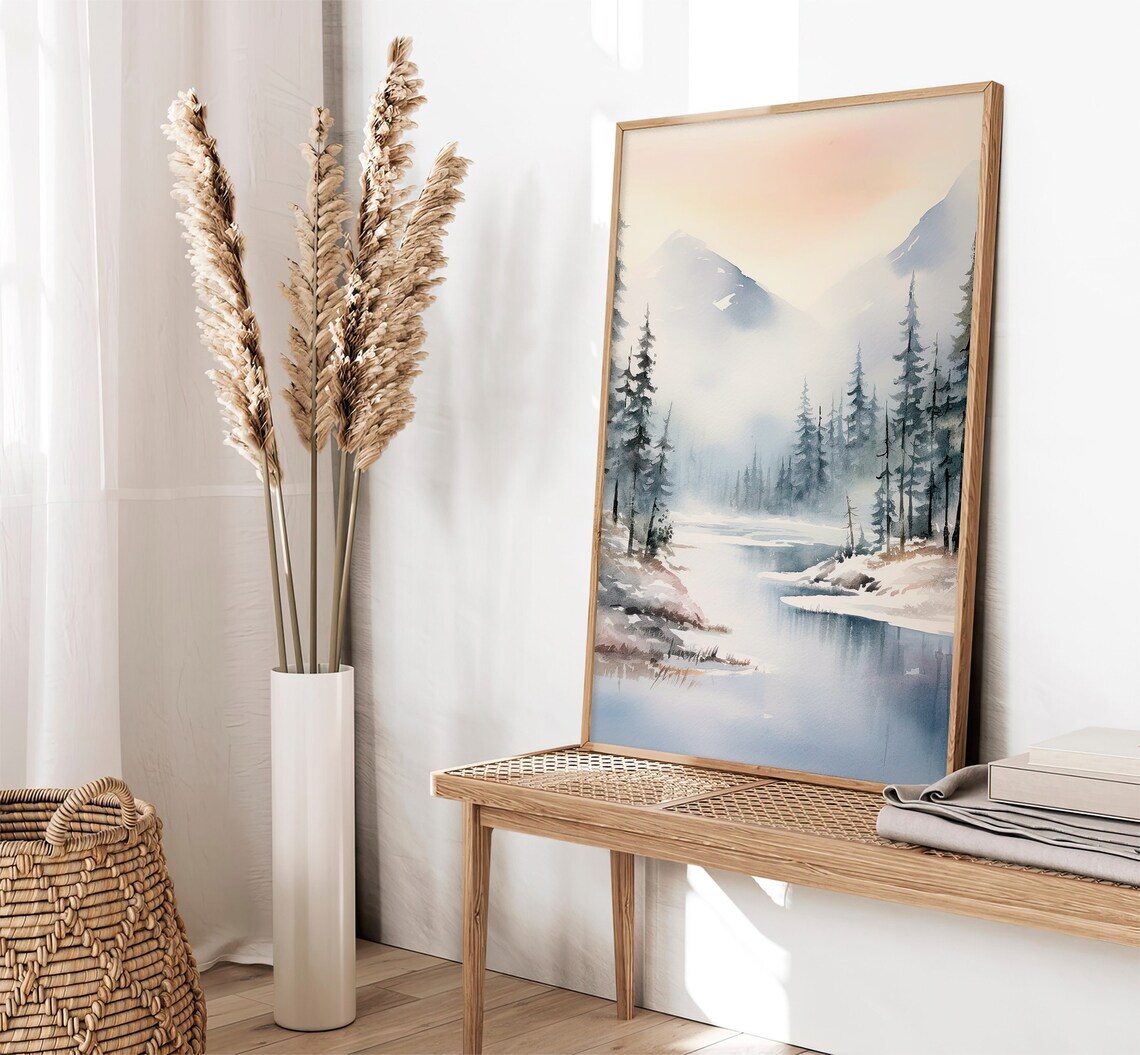 Alaska Winter Lake Misty Pines Snow Watercolor Landscape Poster - Image 4