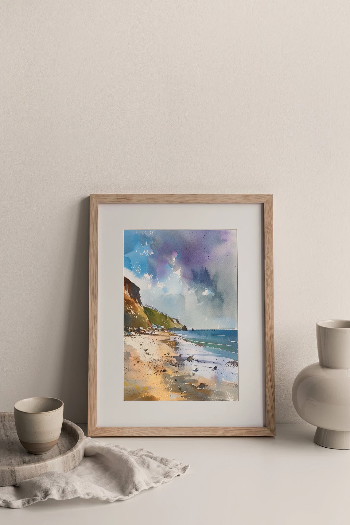 Cornwall England Sandy Beach Cliffs Coastal Watercolor Poster - Image 3