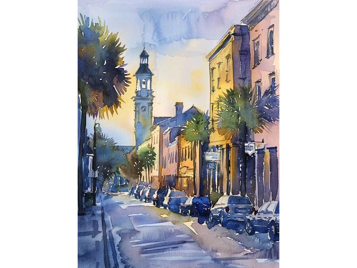 Charleston Cityscape Watercolor Art Print, South Carolina