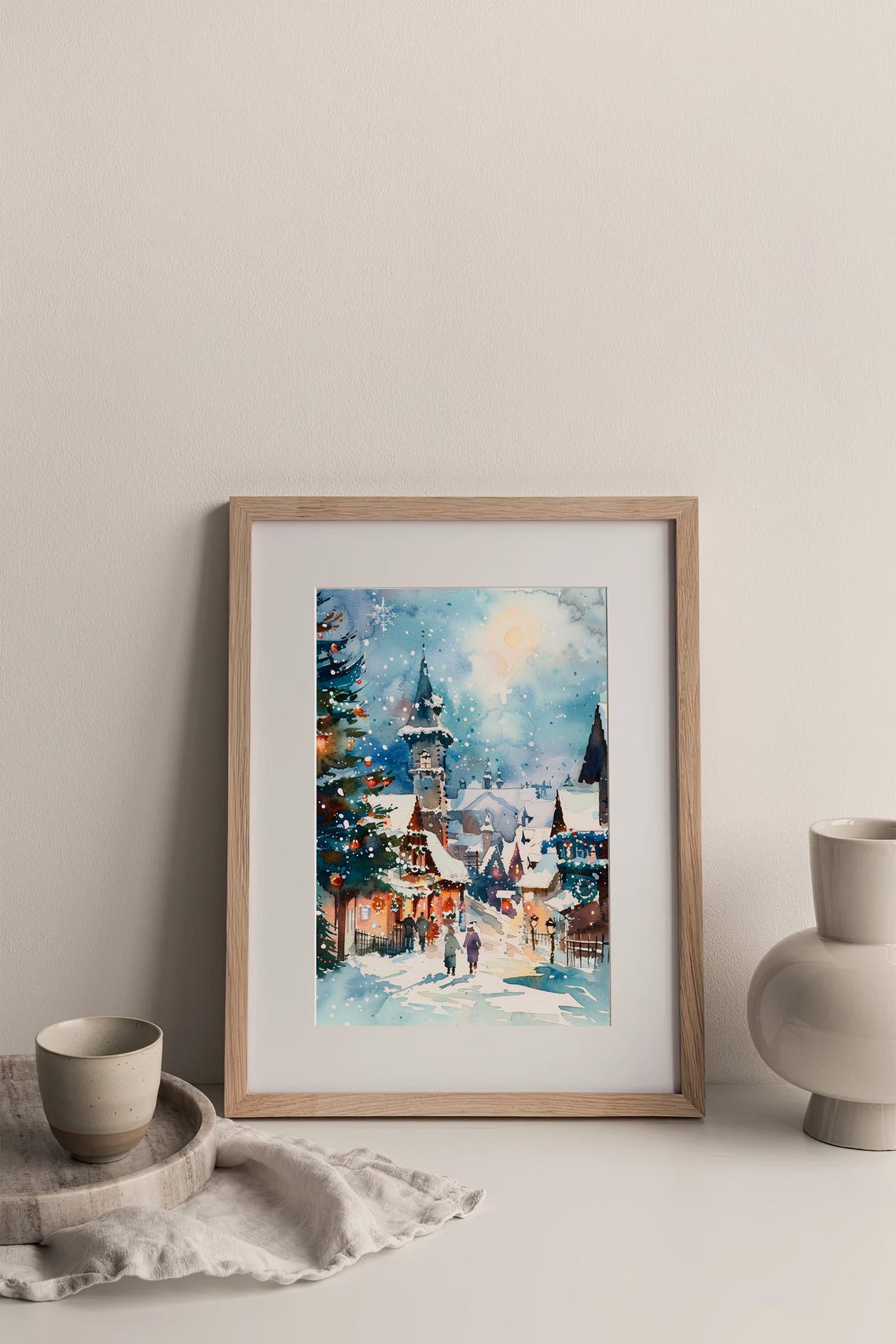Snowy Christmas Village Church Moonlight Watercolor Holiday Poster - Image 4