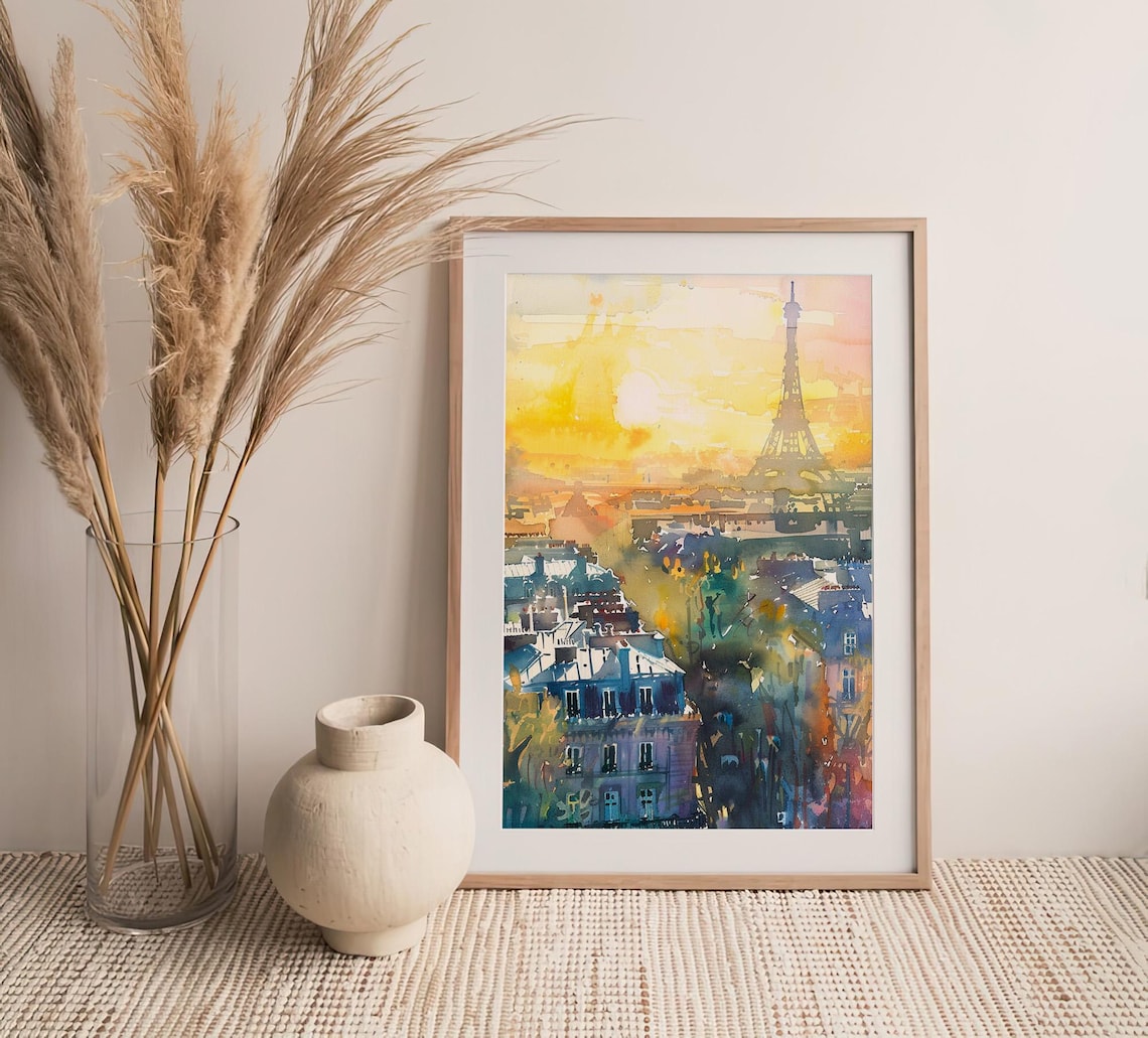 Eiffel Tower Paris Golden Sunset Rooftops Watercolor Travel Poster - Image 4