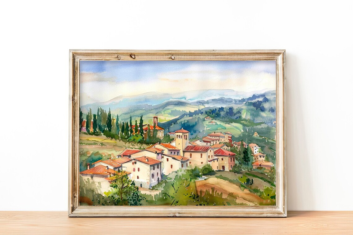 Tuscany Village Watercolor Italian Hill Town Countryside Art Print