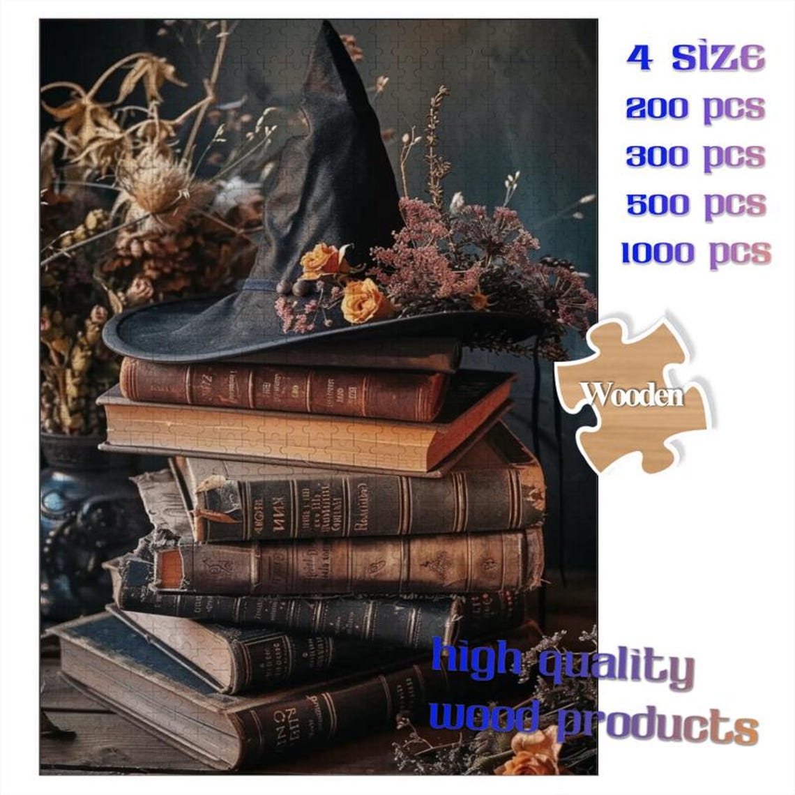 Black Witch Hat on Old Spell Books with Dried Flowers Poster