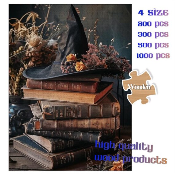 Black Witch Hat on Old Spell Books with Dried Flowers Poster