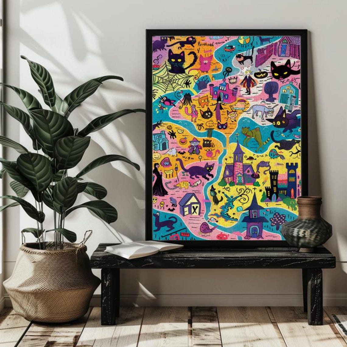 Halloween Town Doodle Map Black Cats Ghosts Cartoon Art Poster - Image 4