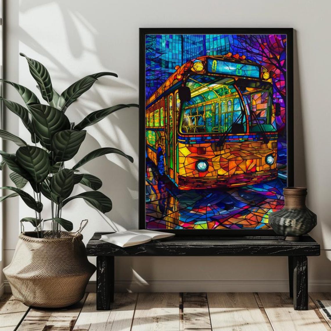 Retro Hippie Van Road Trip beneath a Stained Glass Sunset Poster - Image 3