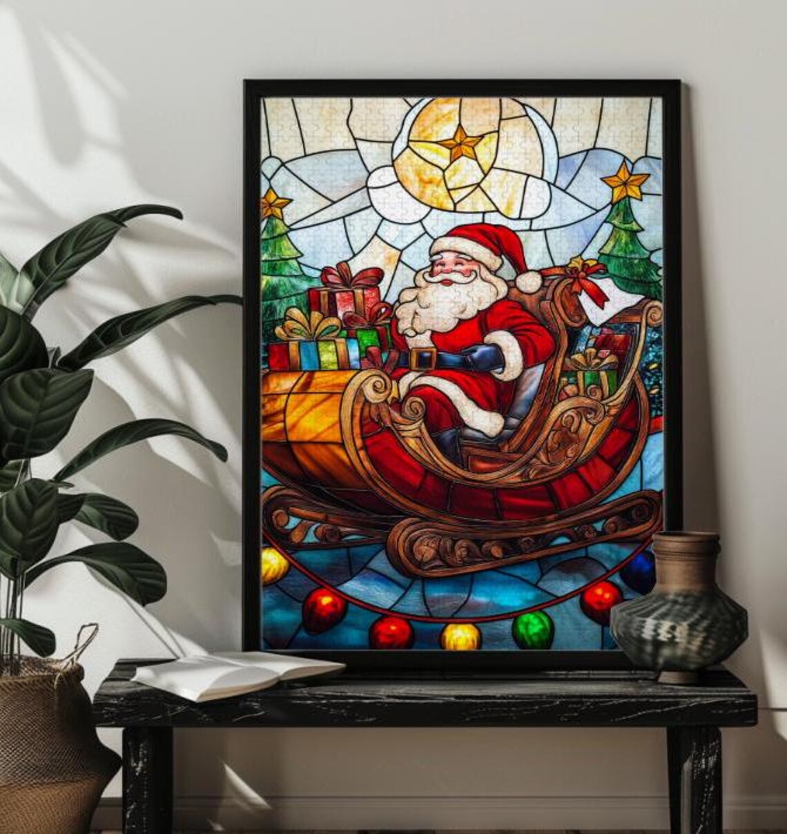 Santa Claus in Sleigh Stained Glass Christmas Holiday Poster - Image 2