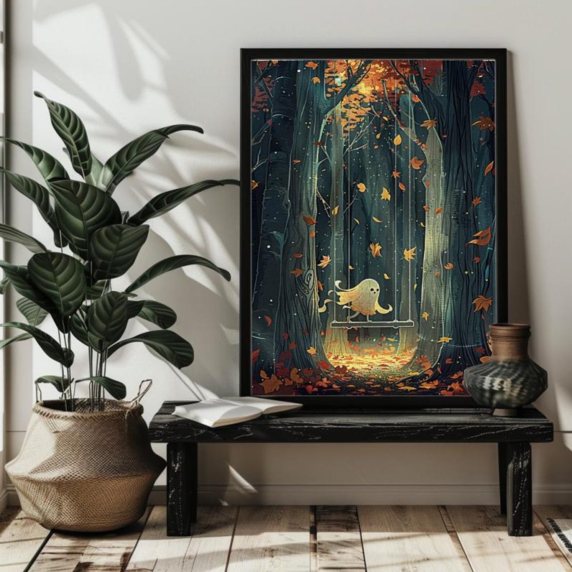 Cute Ghost On A Swing Moonlit Autumn Forest Whimsy Art Poster - Image 3