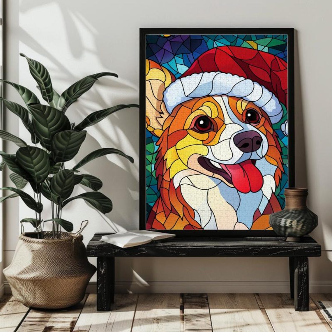Happy Corgi In Santa Hat Stained Glass Style Christmas Dog Poster - Image 2