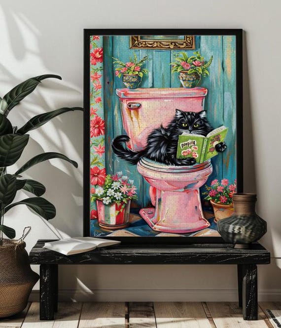 Bathroom Cat Reading Newspaper Funny Cat Art Print