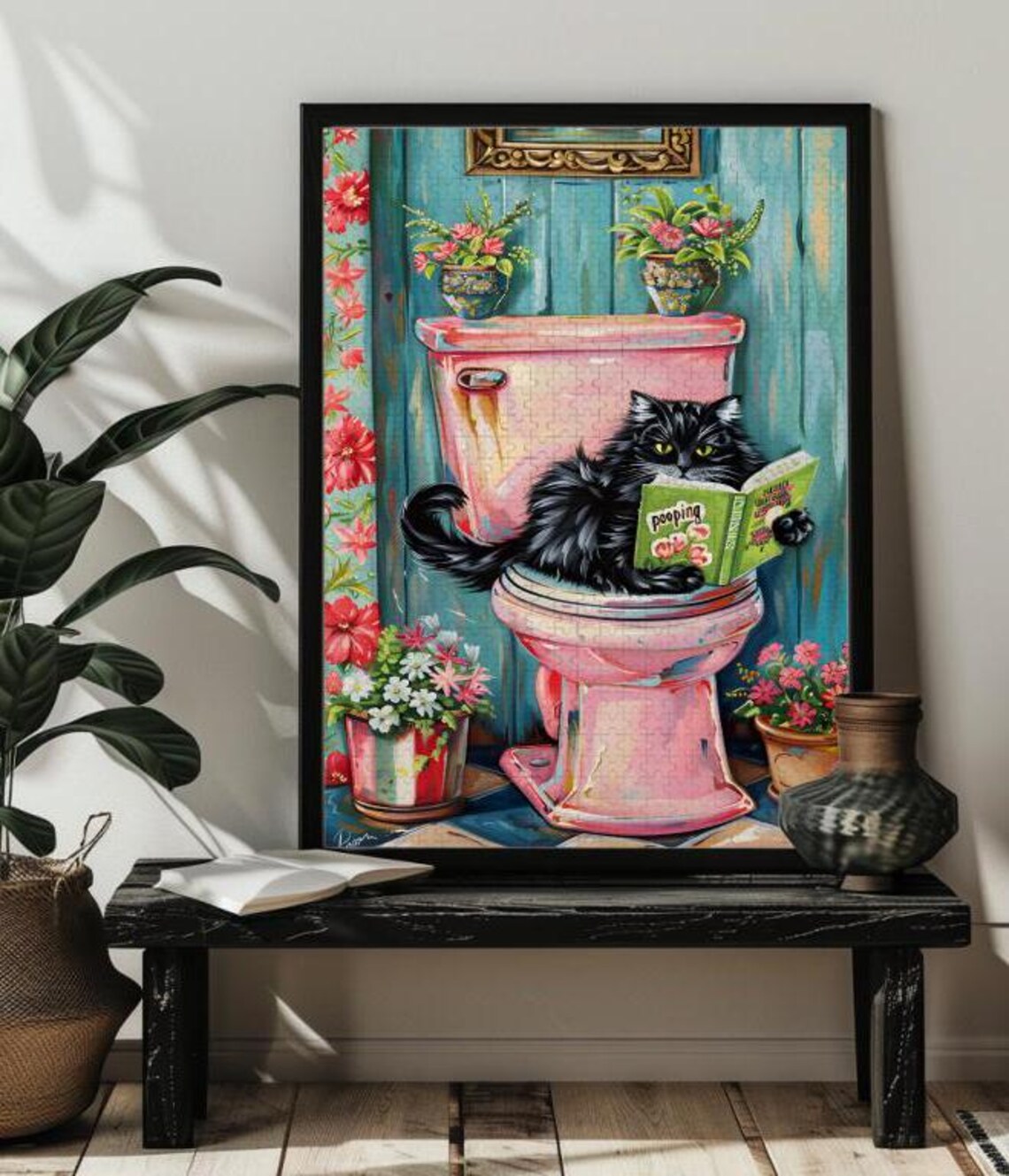 Bathroom Cat Reading Newspaper Funny Cat Art Print