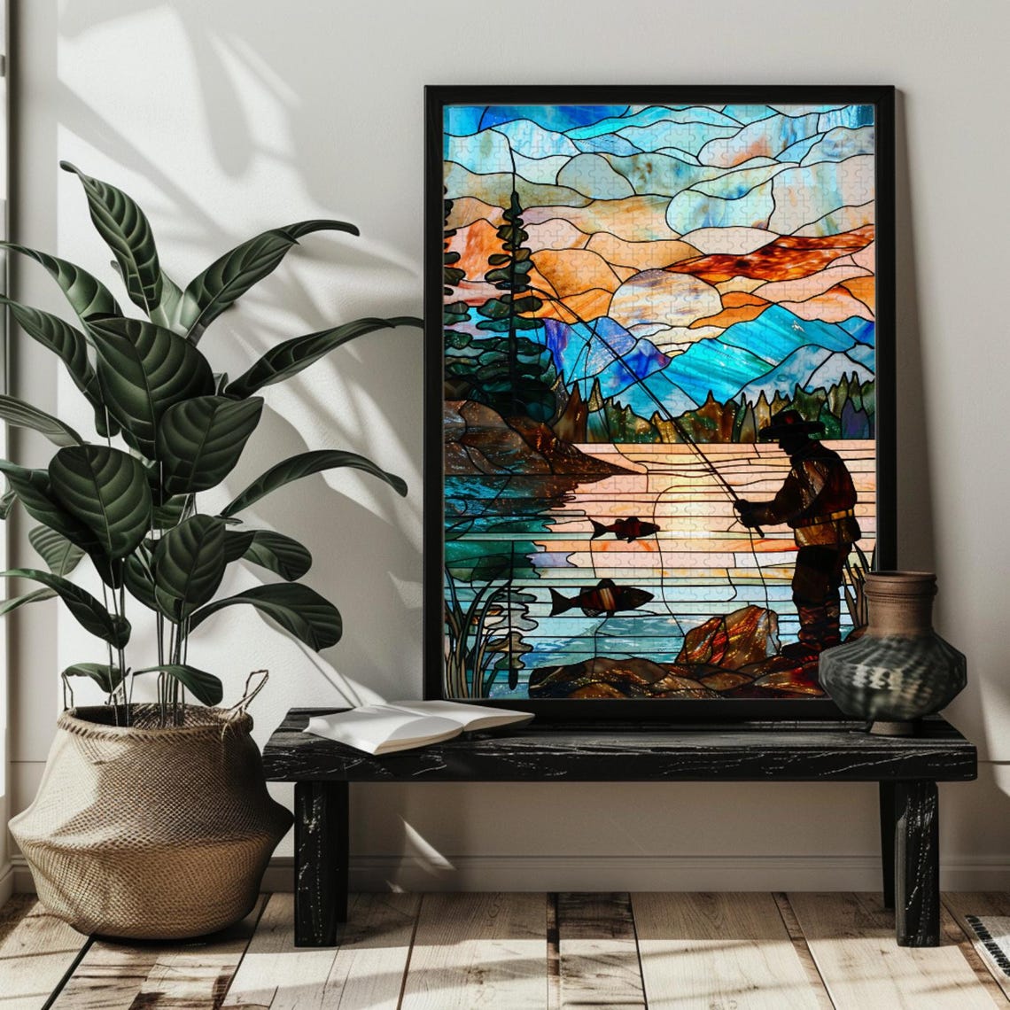 Lone Fly Fisherman Casting at Sunset in Stained Glass Poster - Image 3