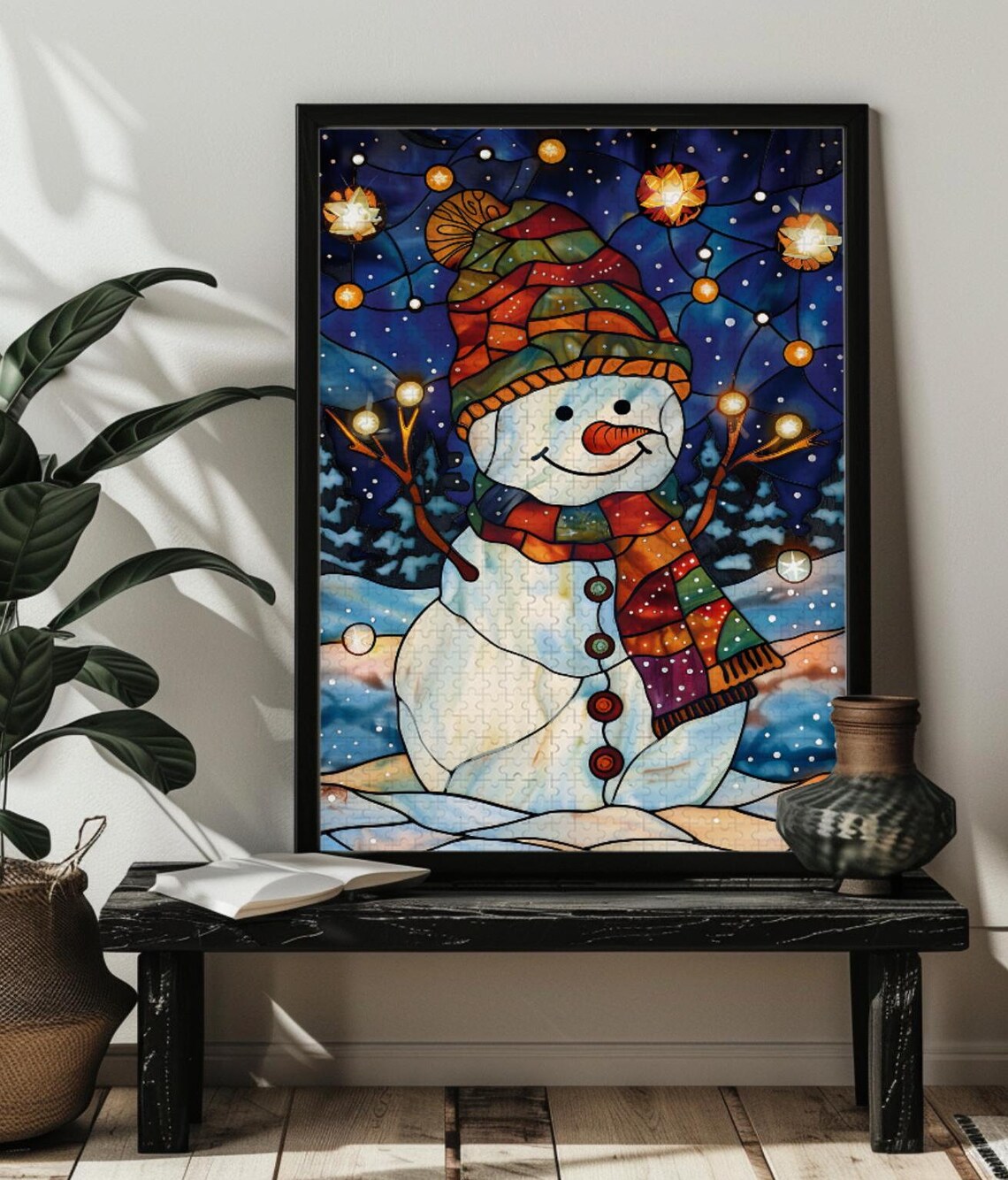 Stained Glass Christmas Snowman Art Print