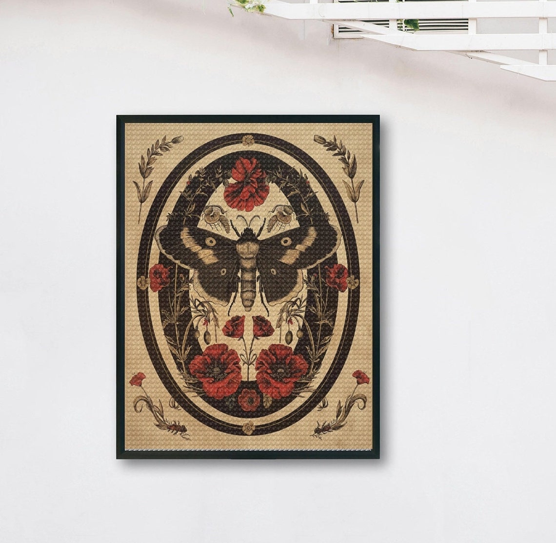 Vintage Dark Moth with Red Poppies in a Botanical Oval Frame Poster