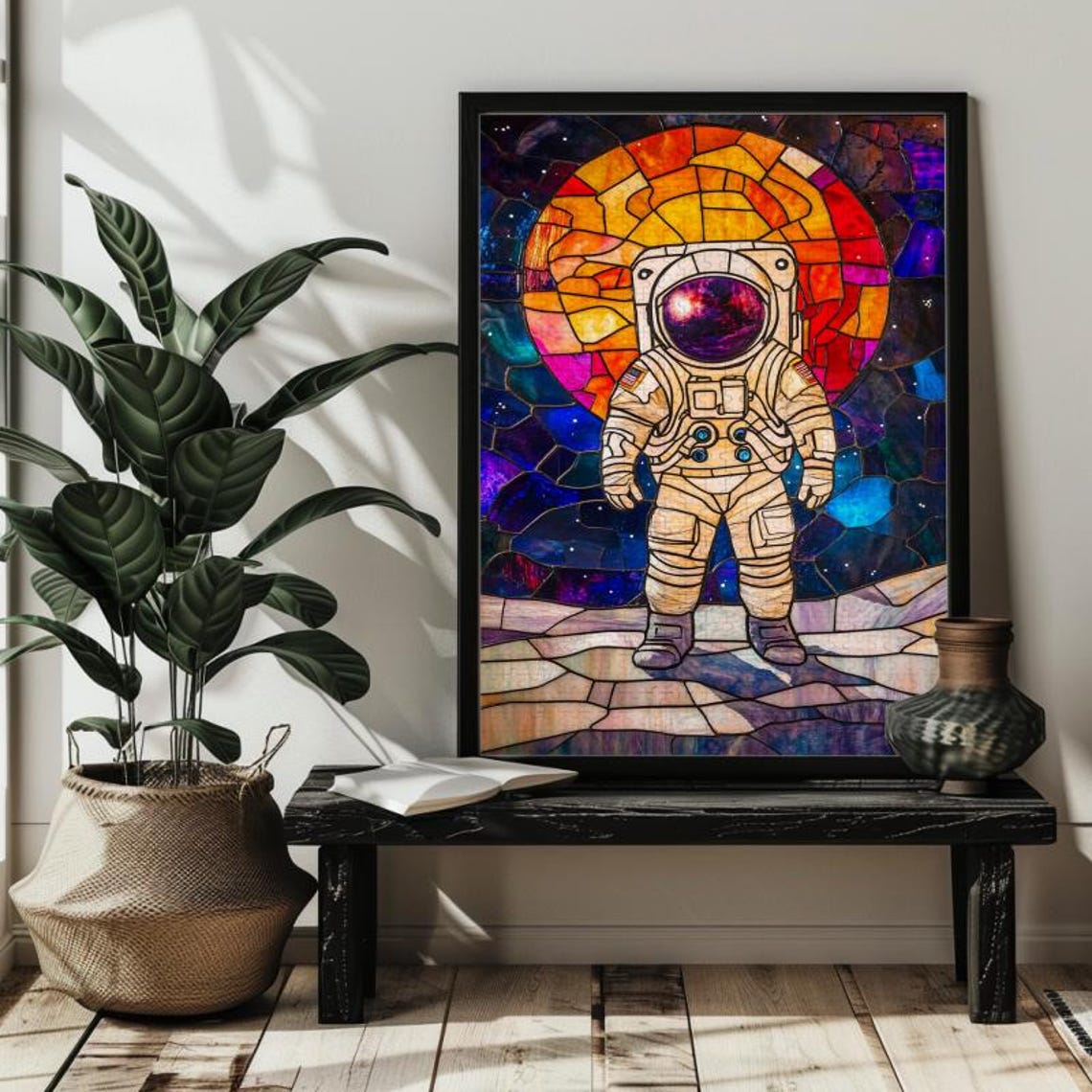 Astronaut Walking on the Moon Fiery Sun Stained Glass Poster - Image 3