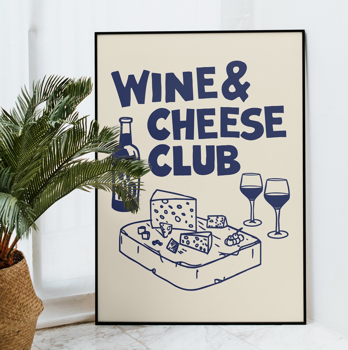 Navy Wine Cheese Club Retro Kitchen Illustration Cream Bar Decor Poster - Image 3