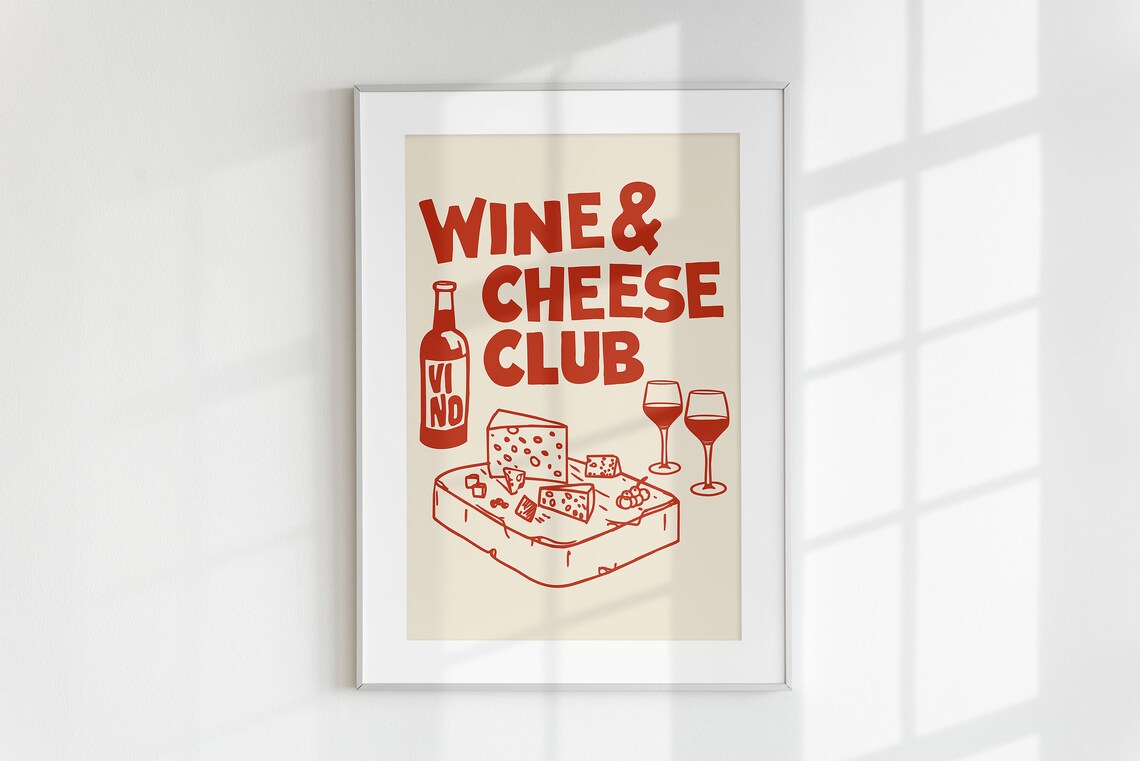 Wine Cheese Club Red Retro Kitchen Illustration Cream Vintage Bar Poster - Image 2