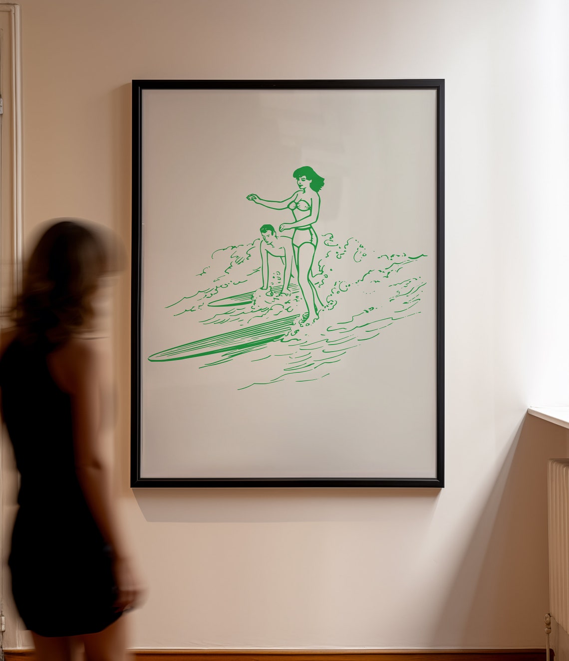 Vintage Green Surfer Girl Wave Surf Line Art Retro Beach Poster - Image 2
