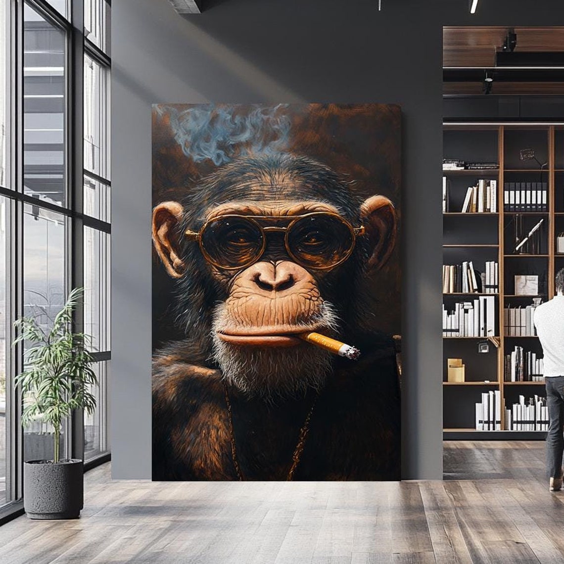 Cool Chimpanzee Wall Art With Sunglasses And Cigarette Edgy Animal Artwork For Modern Spaces Bold Wildlife Decor