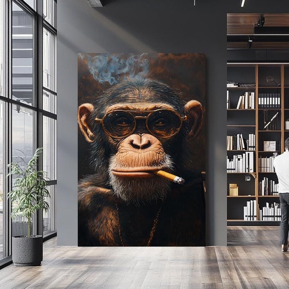 Cool Chimpanzee Wall Art With Sunglasses And Cigarette Edgy Animal Artwork For Modern Spaces Bold Wildlife Decor
