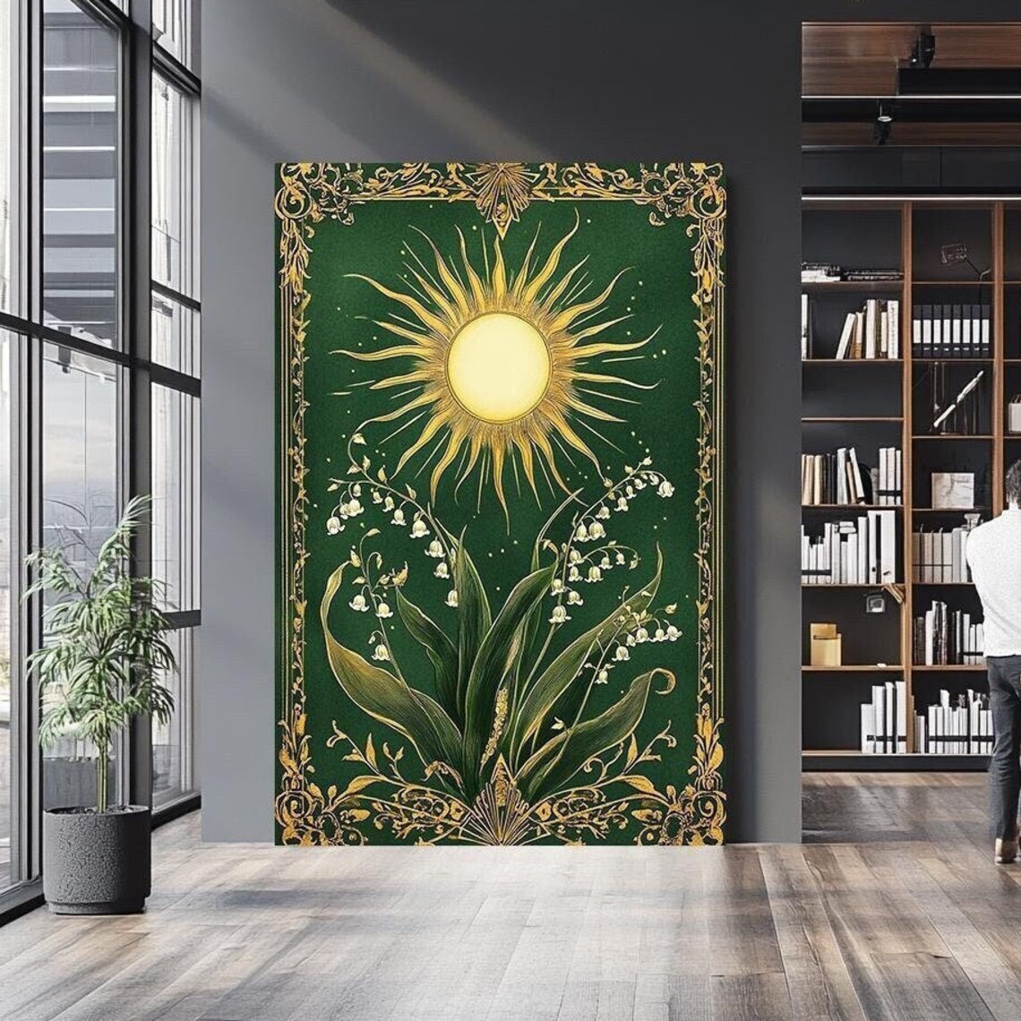 Ornate Golden Sun Lily Of The Valley Vintage Green Framed Style Poster