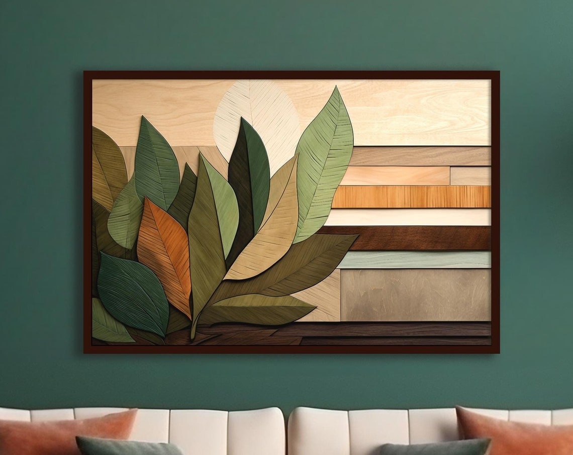 Wood Look Green Leaves Horizontal Slat Rustic Botanical Art Poster