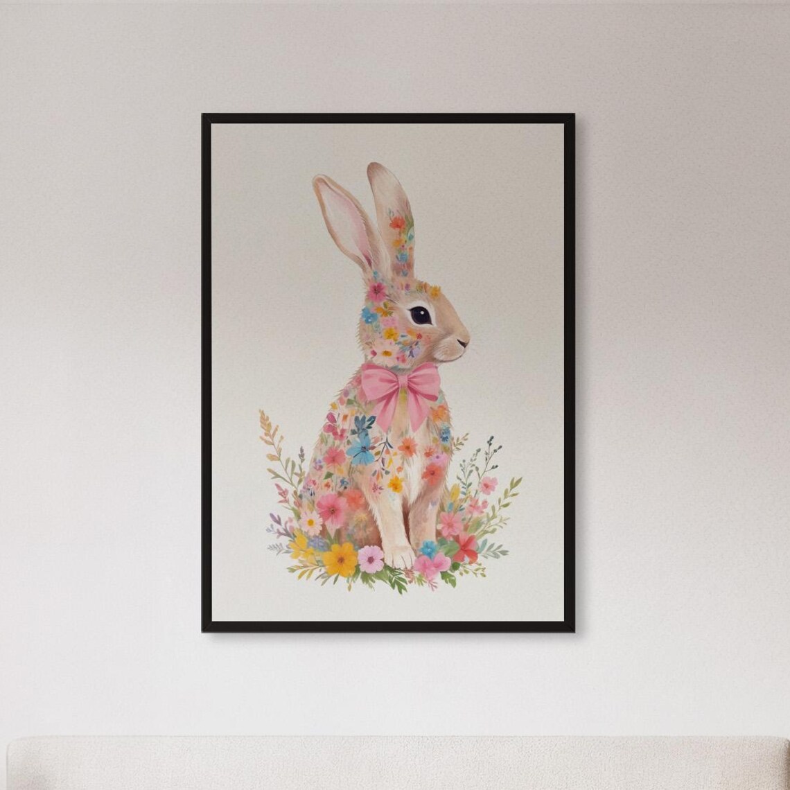 Floral Watercolor Bunny With Pink Bow Spring Animal Art Poster