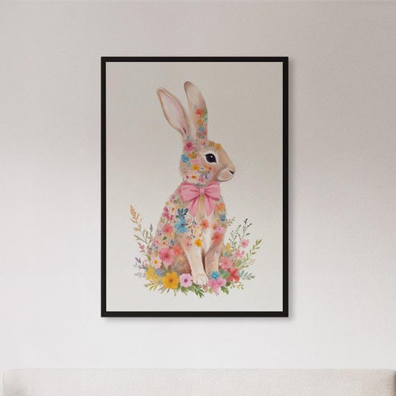Framed Floral Bunny Wall Art Print Cute Rabbit Nursery Poster With Pink Bow Spring Animal Decor Gift For Baby Girl Room Or Easter Style