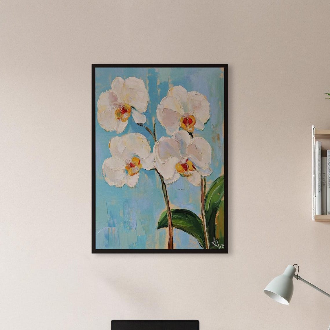 White Orchid Impressionist Floral Painting On Blue Elegant Wall Poster