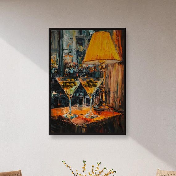 Framed Cocktail Hour Wall Art Print Night Bar Scene With Martinis And Lamp Light Moody Impressionist Style Gift For Lounge Or Home