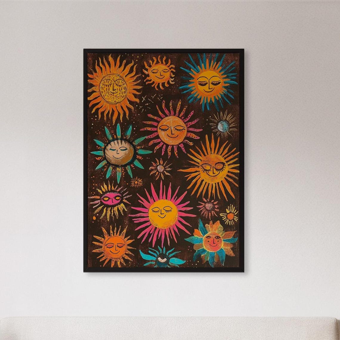 Colorful Happy Smiling Suns Celestial Boho Folk Art Wall Poster