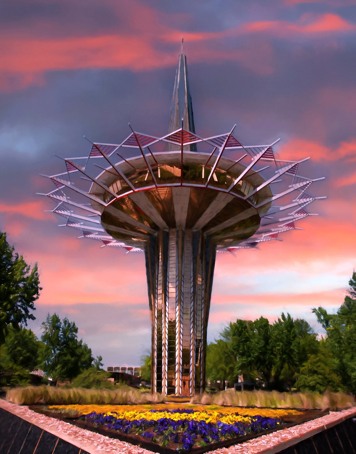 Oral Roberts Prayer Tower Tulsa Pink Sunset Sky Glow View Poster