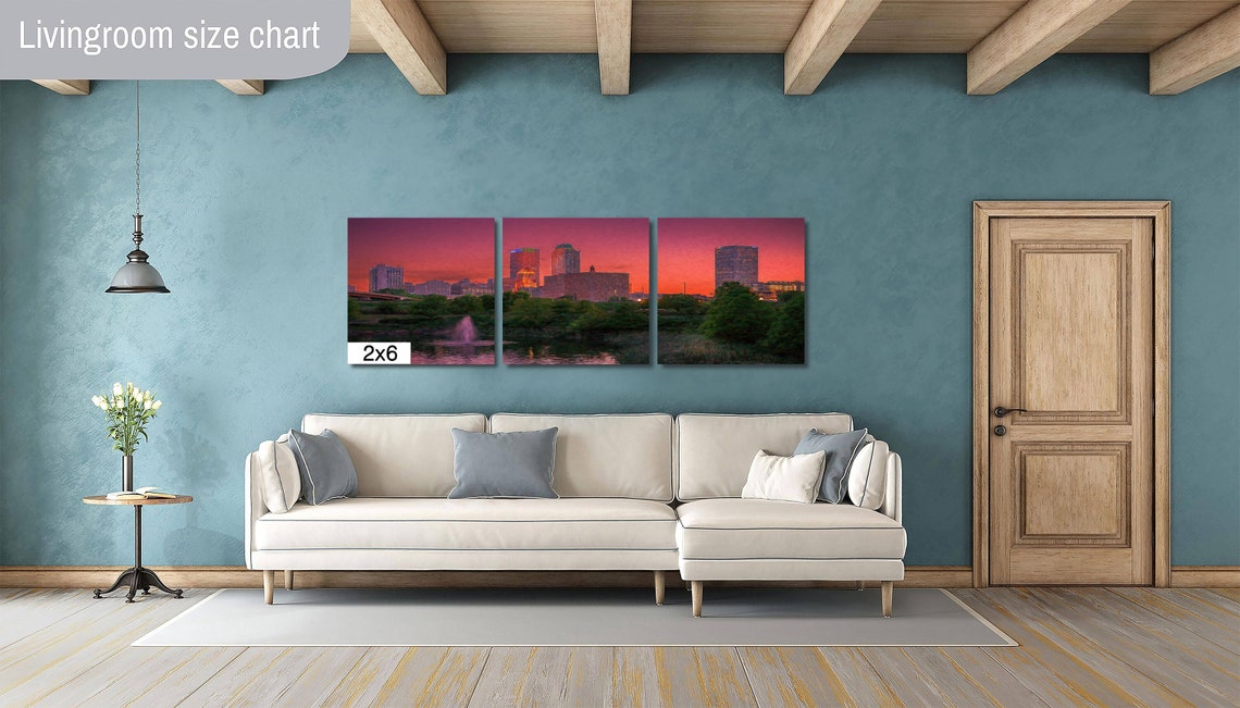 Tulsa Downtown Skyline at Sunset over Lake with Fountain Poster - Image 3