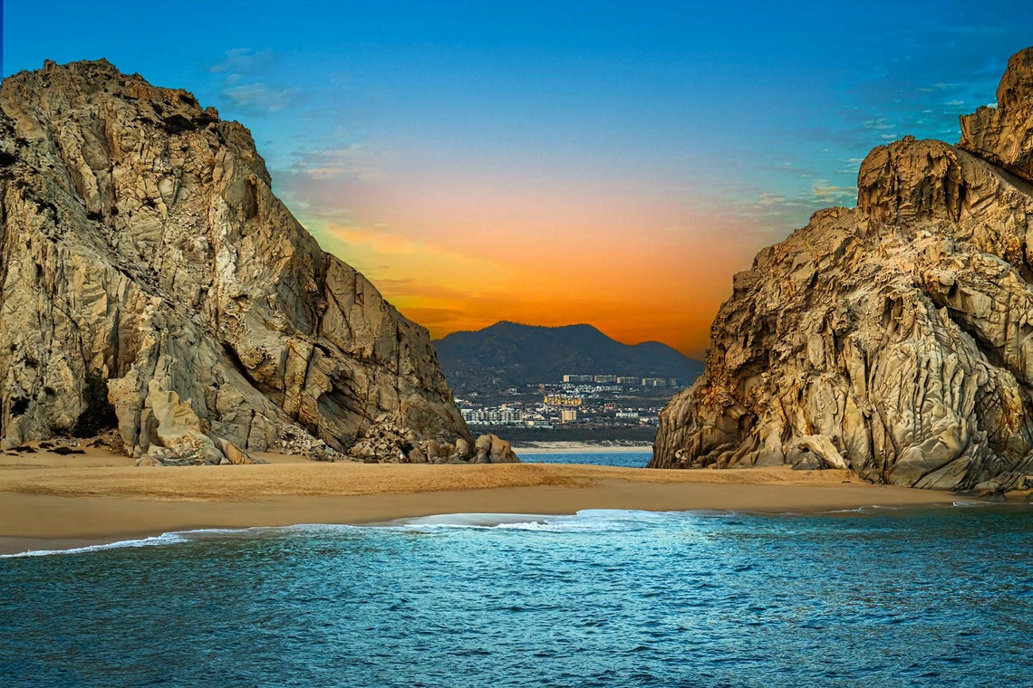 Cabo Divorce Beach Rocky Cliffs Golden Shore Ocean View Poster