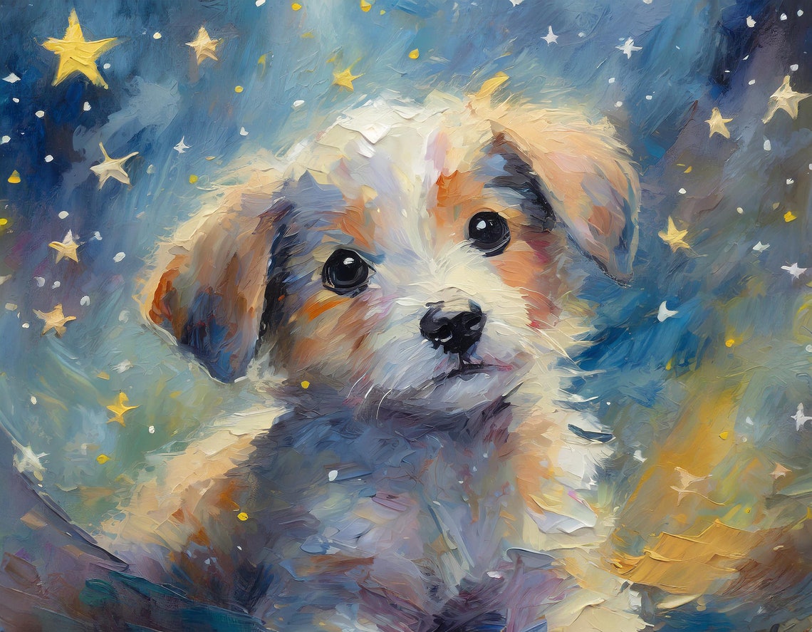 Adorable Fluffy Puppy Portrait Starry Night Nursery Wall Art Poster