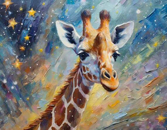Gentle Giraffe Portrait Under Starry Sky Nursery Kids Wall Art Poster