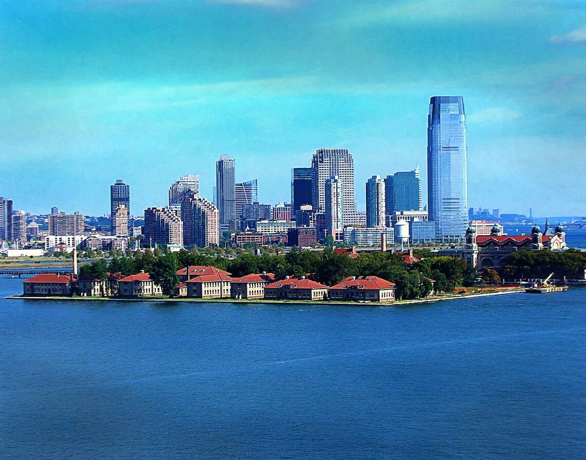 Ellis Island Jersey City Skyline Across New York Harbor Day Poster
