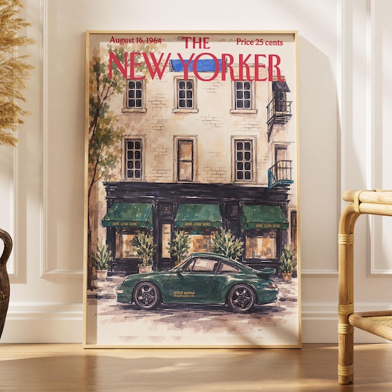 Vintage New Yorker Aime Leon Dore Poster Green Porsche 993 Nyc Storefront Watercolor Print August 1964 Magazine Cover Car Wall Art Decor