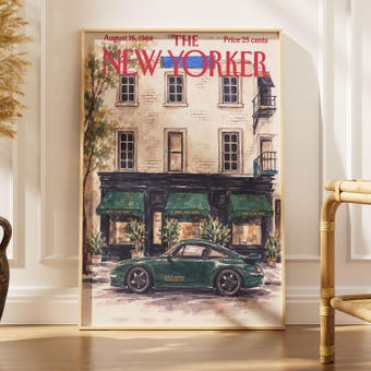Vintage New Yorker Aime Leon Dore Poster Green Porsche 993 Nyc Storefront Watercolor Print August 1964 Magazine Cover Car Wall Art Decor