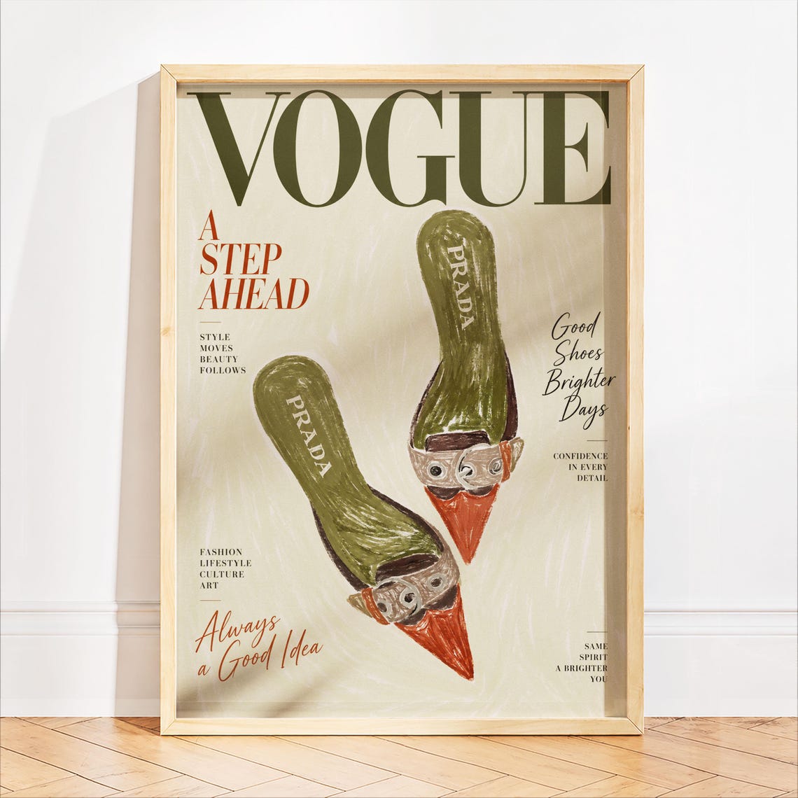 Vintage Vogue Poster Designer Buckled Mules Fashion Sketch Print Olive Green Magazine Cover Trendy Closet Wall Art Decor - Image 2