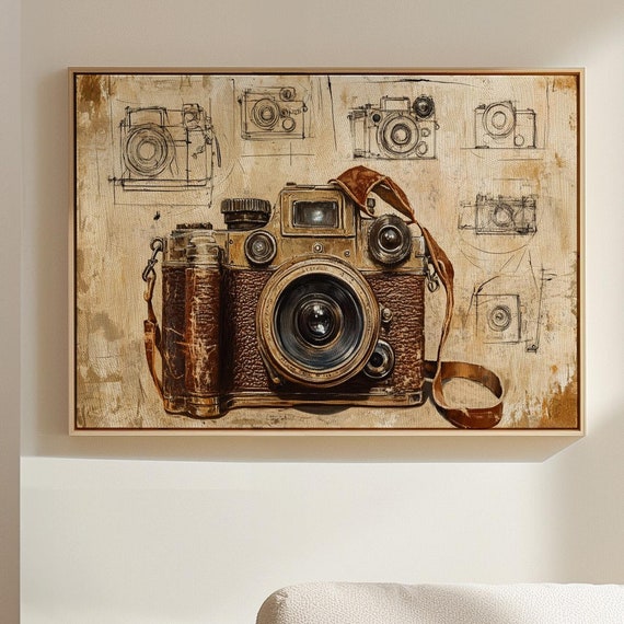 Rustic Antique Camera Art Vintage Leather Camera Design With Detailed Sketch Background Retro Wall Decor For Photography Lovers
