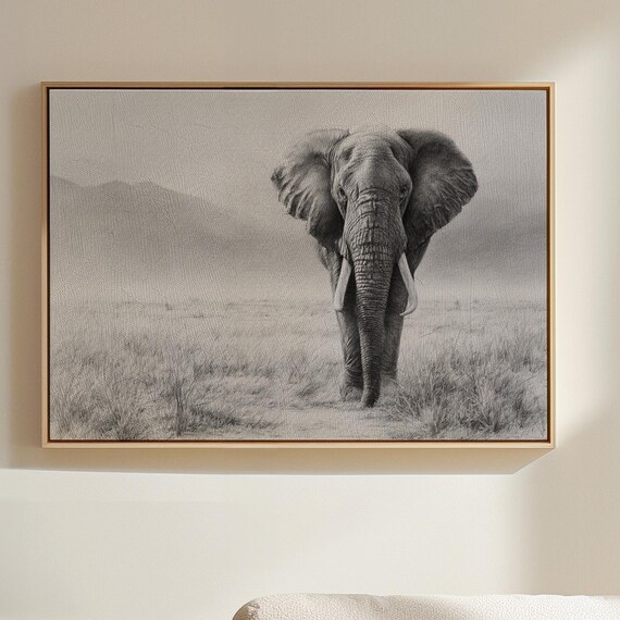 Elephant Canvas Wall Art Black And White Wildlife Sketch Majestic Safari Animal Drawing African Nature Minimalist Home Decor Print