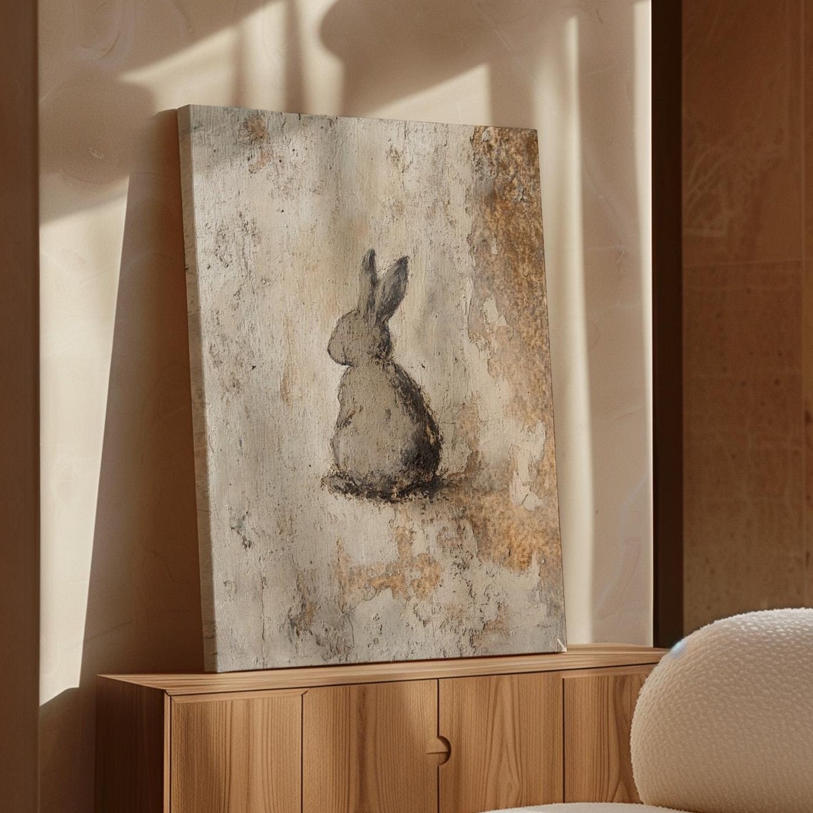 Gray Rabbit Silhouette From Behind on Textured Plaster Wall Poster