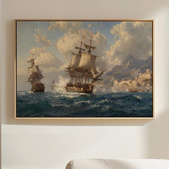Historic Naval Battle Vintage Oil Painting, Tall Ships