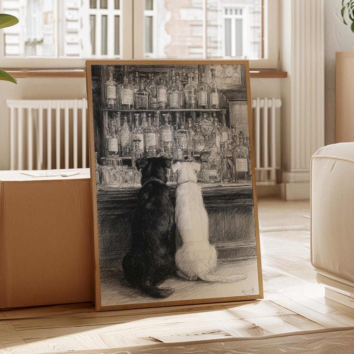 Two Dogs At Vintage Bar Black And White Charcoal Sketch Poster