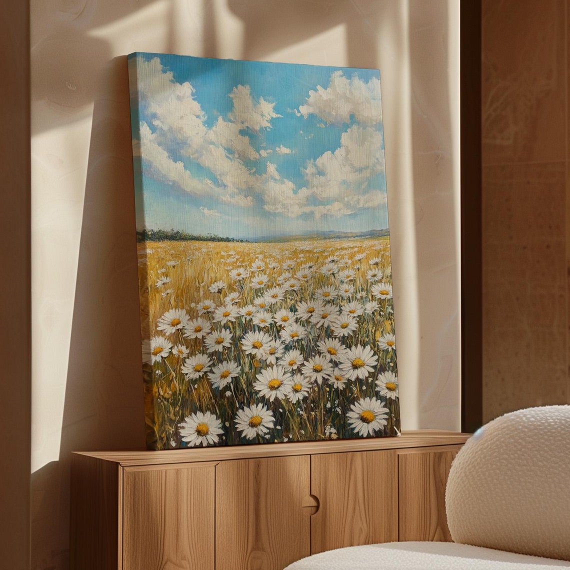White Daisies Field Close Up Blue Sky Clouds Floral Meadow Poster