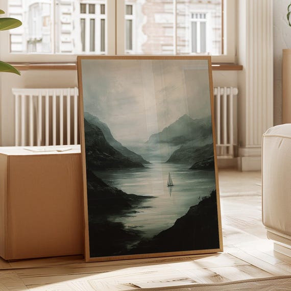 Moody Mountain Lake With Sailboat Misty Minimalist Landscape Wall Art Serene Nature Poster For Calm Rustic Decorv