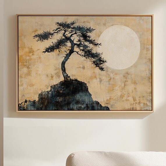 Japanese Ink Pine Tree Golden Full Moon Rock Zen Wall Poster
