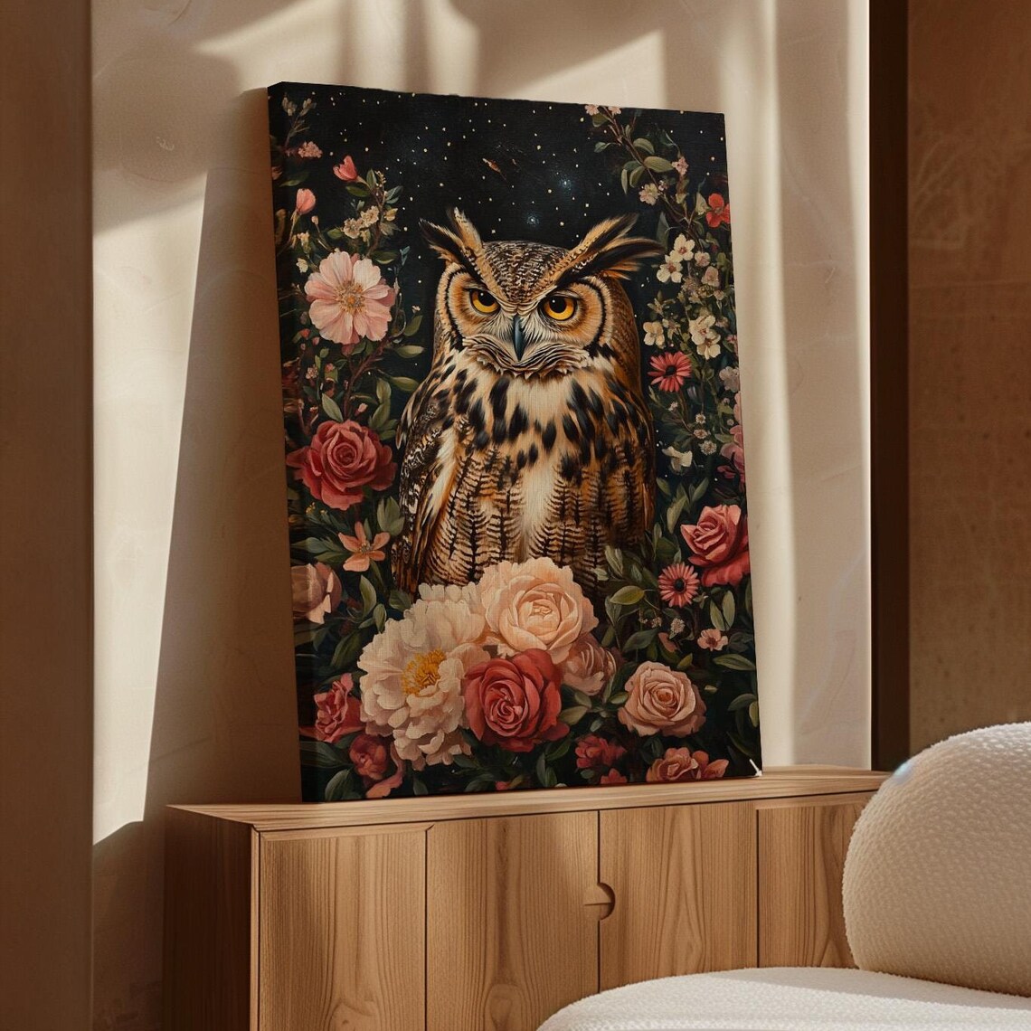 Great Horned Owl Among Vintage Roses Starry Night Botanical Wildlife Poster